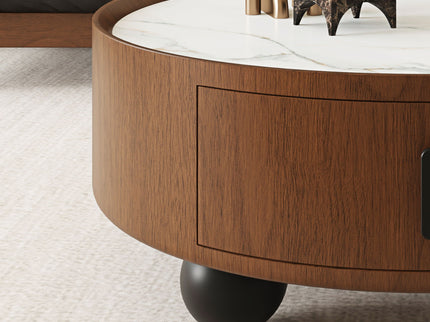 Round Coffee Table With Ball Feet, Pull Handle Storage Drawer - Bouguer Walnut / Brown