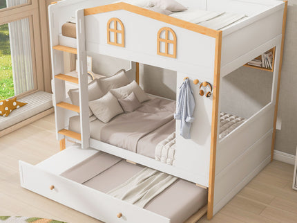 Bunk Bed With House Shaped Guardrails, Storage Shelves, And Trundle