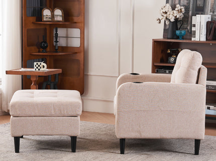 Upholstered Armchair And Storage Ottoman Set, Comfortable Single Sofa With Cup Holders And Tufted Detailing, Ideal For Living Room Or Bedroom