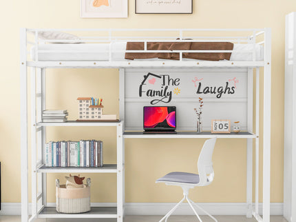 Metal Loft Bed With Desk, 3 Shelves And Ladder