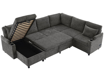 U-Shaped Sectional Sleeper Sofa With Ample Storage Space, 2 Cup Holders And Charging Ports For Living Room