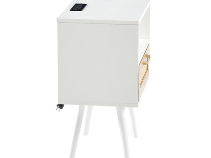 15.75" Rattan End Table With Power Outlet & USB Ports, Modern Nightstand With Drawer And Solid Wood Legs, Side Table For Living Room, Bedroom