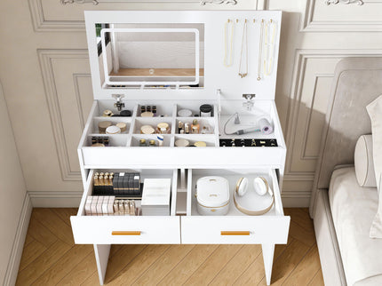 Flip Top Vanity Desk With LED Mirror & Outlet Makeup Table With 2 Drawers, Open Storage, And Jewelry Hooks - White