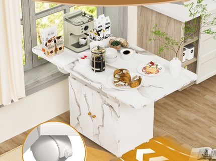 Versatile Marble Folding Dining Table With Storage Rack And Cabinet, 6 Wheels - White