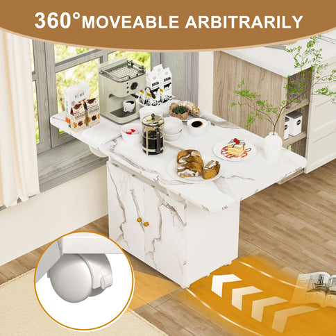 Versatile Marble Folding Dining Table With Storage Rack And Cabinet, 6 Wheels - White