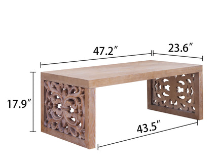 Rustic Carved Wood Coffee Table, Handcrafted Look With Ornate Side Panels