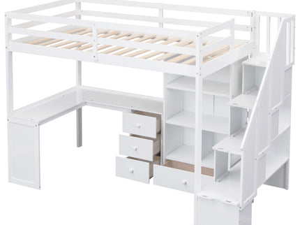 Loft Bed With L Shaped Desk, Drawers, Cabinet, And Storage Staircase
