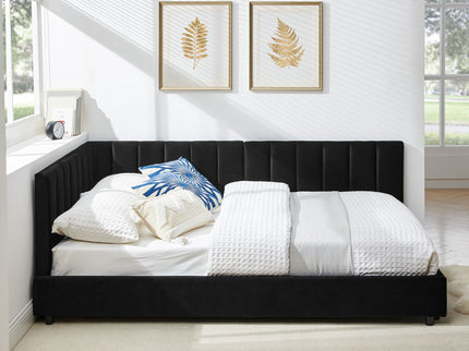 Mid-Century Upholstered Tufted Bed Frame With Backrest And Armrests