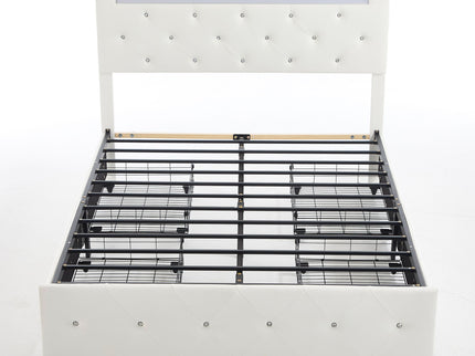 Upholstered Bed Frame With LED Lights, 4 Storage Drawers, Charging Station