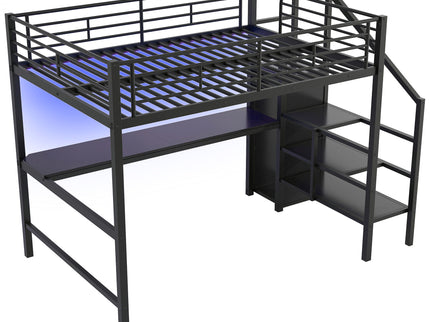 Full Size Loft Bed With Desk, Storage Staircase, Small Wardrobe And LED Light - Black