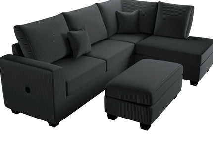 Modern Style Sectional Set With USB Port, Storage Ottoman