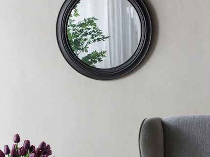 Circle Wall Mirror With Wooden Frame, Antique Classic Accent Mirror, For Living Room - Black