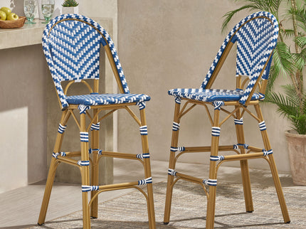 Outdoor Rattan French Barstool Set,, Bamboo, Seat Height - Navy Blue / White