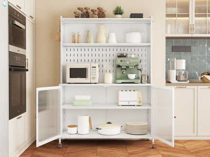 Contemporary Kitchen Pantry Cabinet With Glass Doors, Adjustable Shelves, Steel - Brushed Nickel