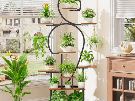 Plant Stand Indoor With Grow Light, 9 Tiered 63" Tall Indoor Plant Shelves For Multiple Plants - Walnut / Black