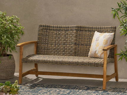 Outdoor Rattan Loveseat With Wooden Legs - Brown