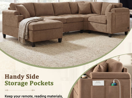 U Shaped Sectional Sofa, Corner Living Room Couch With Built In Cup Holders, Storage, USB Ports