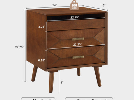 Nightstand With Charging Station, 2 Drawers And Open Shelf, USB / Type C Ports