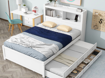 Full Size Platform Bed With Trundle, Drawers, USB Ports And Built In Shelves - White