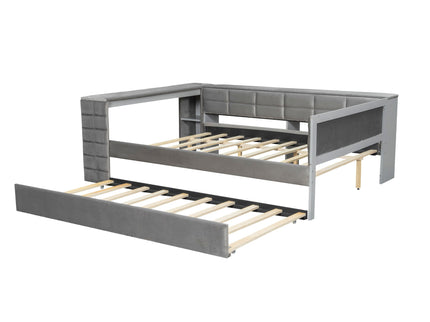 Upholstered Platform Bed With Storage Shelves, Desk, Charging Station And Trundle