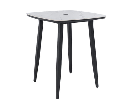 Outdoor Bar Table, Rounded Square Sintered Stone Top With Umbrella Hole, Rust Free Frame, Weatherproof - Ember Black / White