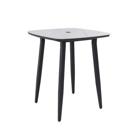 Outdoor Bar Table, Rounded Square Sintered Stone Top With Umbrella Hole, Rust Free Frame, Weatherproof - Ember Black / White