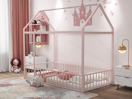 Metal Bed House Bed Frame With Fence