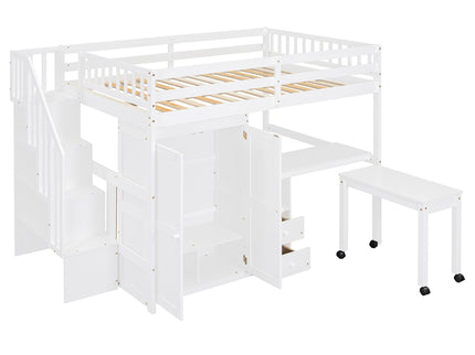 Loft Bed With Stairs, Bookshelf, Drawers, Desk & Wardrobe, Space Saving Multifunctional Furniture
