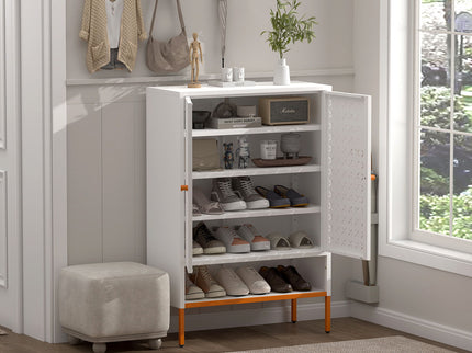 Grid Double Door Shoe Cabinet With Adjustable Compartments And Moisture-Proof Design In Metal