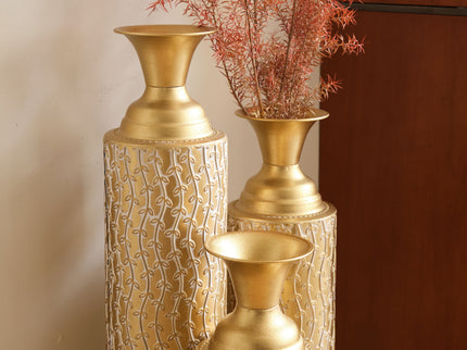Metal Decorative Vases High Distress Metal Center Vases With Growing Vine Patterns, (Set of 3) Vases For Home Decoration - Gold