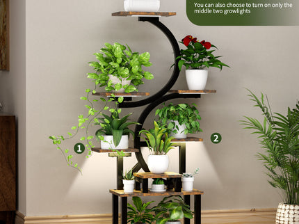 8 Tier Indoor Plant Stand With 5 Grow Lights For Living Room - Rustic Brown