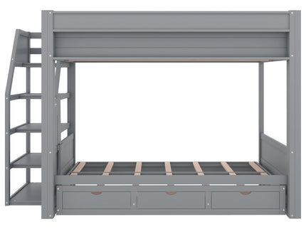 Wood Full Size Convertible Bunk Bed With Storage Staircase, Bedside Table, And 3 Drawers - Gray