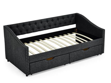 Upholstered Tufted Daybed With 2 Drawers, Waved Arms