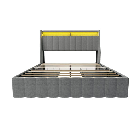 Queen Size Bed Frame With LED Lighting, Winged Headboard With Storage Drawers - Light Gray