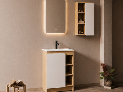 24" Bathroom Vanity With Sink & Wall Mounted Side Cabinet, Vanity Set With Thin Edge Sink, Interchangeable & Door Panels, Open & Hidden Storage - Black / Light Oak / White