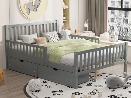 Platform Bed With Guardrails On Both Sides And 2 Storage Drawers