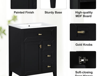Bathroom Vanity With Sink, 3 Drawers & Cabinet With 2 Tier Door Storage Rack, Soft Close Doors & Drawers
