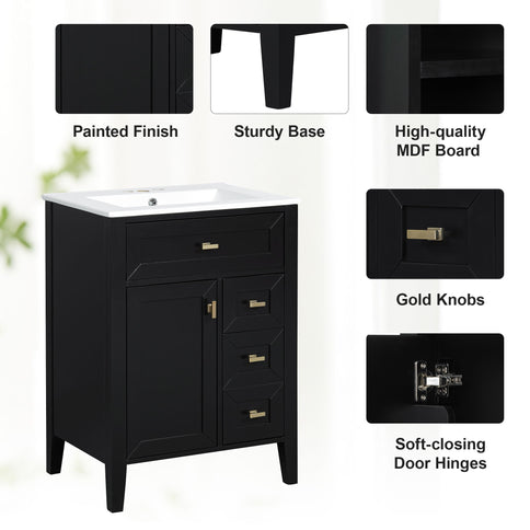 Bathroom Vanity With Sink, 3 Drawers & Cabinet With 2 Tier Door Storage Rack, Soft Close Doors & Drawers