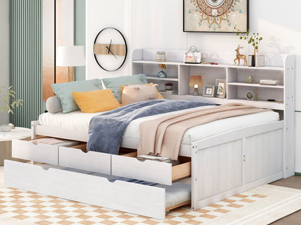 Captain Bed With Built In Bookshelves, 3 Storage Drawers, And Trundle