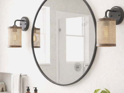 Reef - Single Lights Wall Sconce With Natural Shade Rustic Wicker Wall Light - Black / Rattan