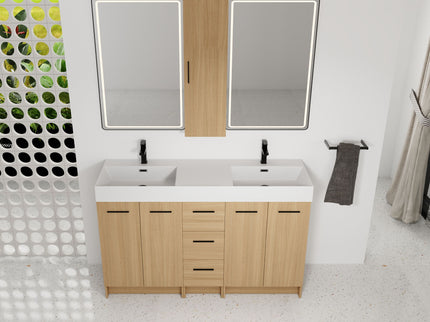 Double Sink Bathroom Vanity Set With Tall Linen Cabinet, 3 Drawers, Extra Large Storage, Integrated Sink, Freestanding Cabinet - Light Oak / White