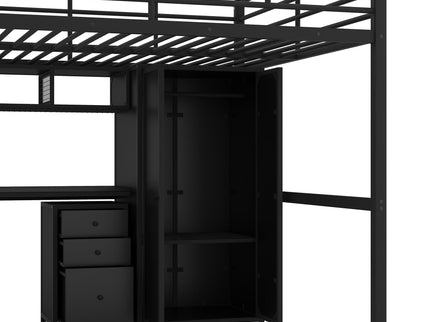 Full Size Loft Bed With Desk Set And Wardrobe - Black