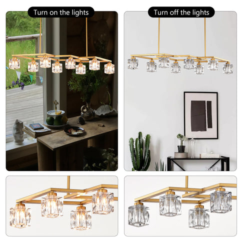 Crystal Chandelier For Dining Room, 8 Light Kitchen Chandelier Light Fixture Modern Metal Industrial Chandeliers For Farmhouse Entryway Living Room (8*G9 Bulbs Included) - Matte Gold
