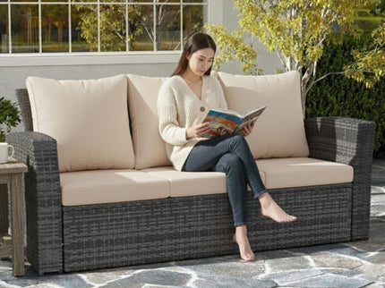 All-Weather Wicker 3 Seat Patio Sofa With Thick Cushions