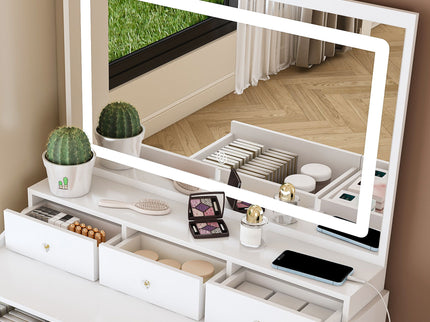 Modern Makeup Vanity Set With Power Outlet, Hair Dryer Holder, And Adjustable Lighting