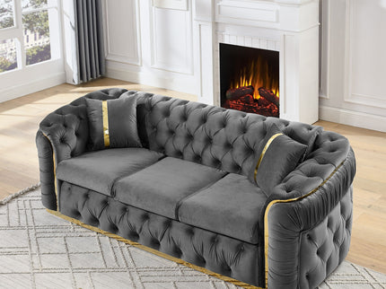 Button Tufted Couch With 2 Pillows, 3 Seater Luxury Chesterfield Sofa