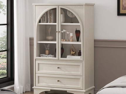 Glass Door Display Case With 2 Drawers And Adjustable Shelf