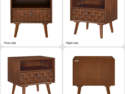 Nightstand With Carved Geometric Drawer Front, 1 Drawer And Open Shelf