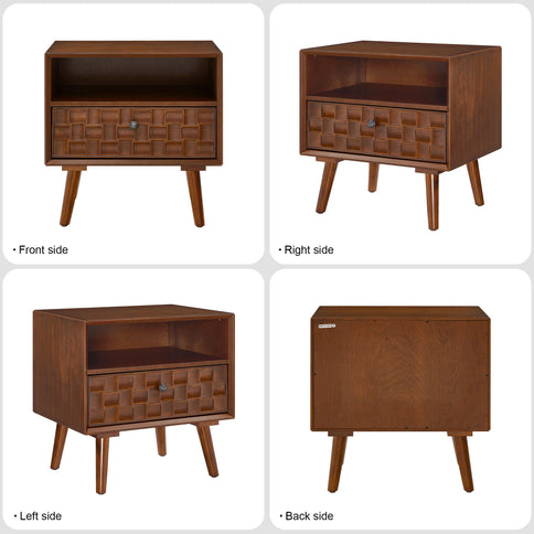 Nightstand With Carved Geometric Drawer Front, 1 Drawer And Open Shelf