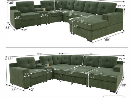U - Shape Sectional Pull Out Bed With Console, Storage, And USB Charging